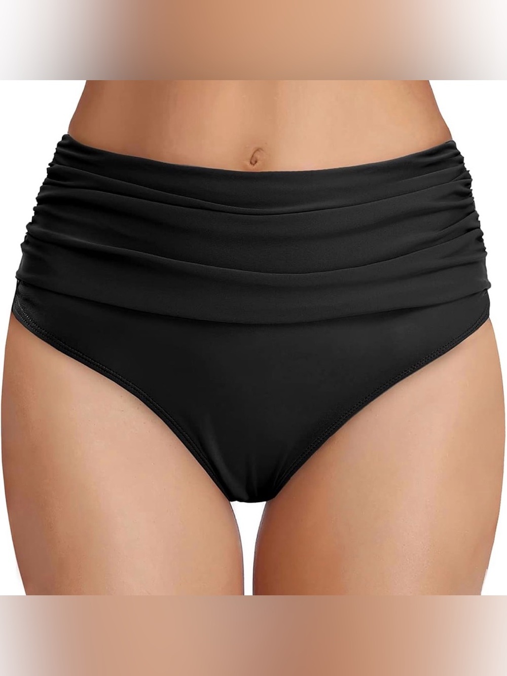 Tempt Me Black High Waisted Bikini Bottoms Ruched Tummy Control Swim Bottom L